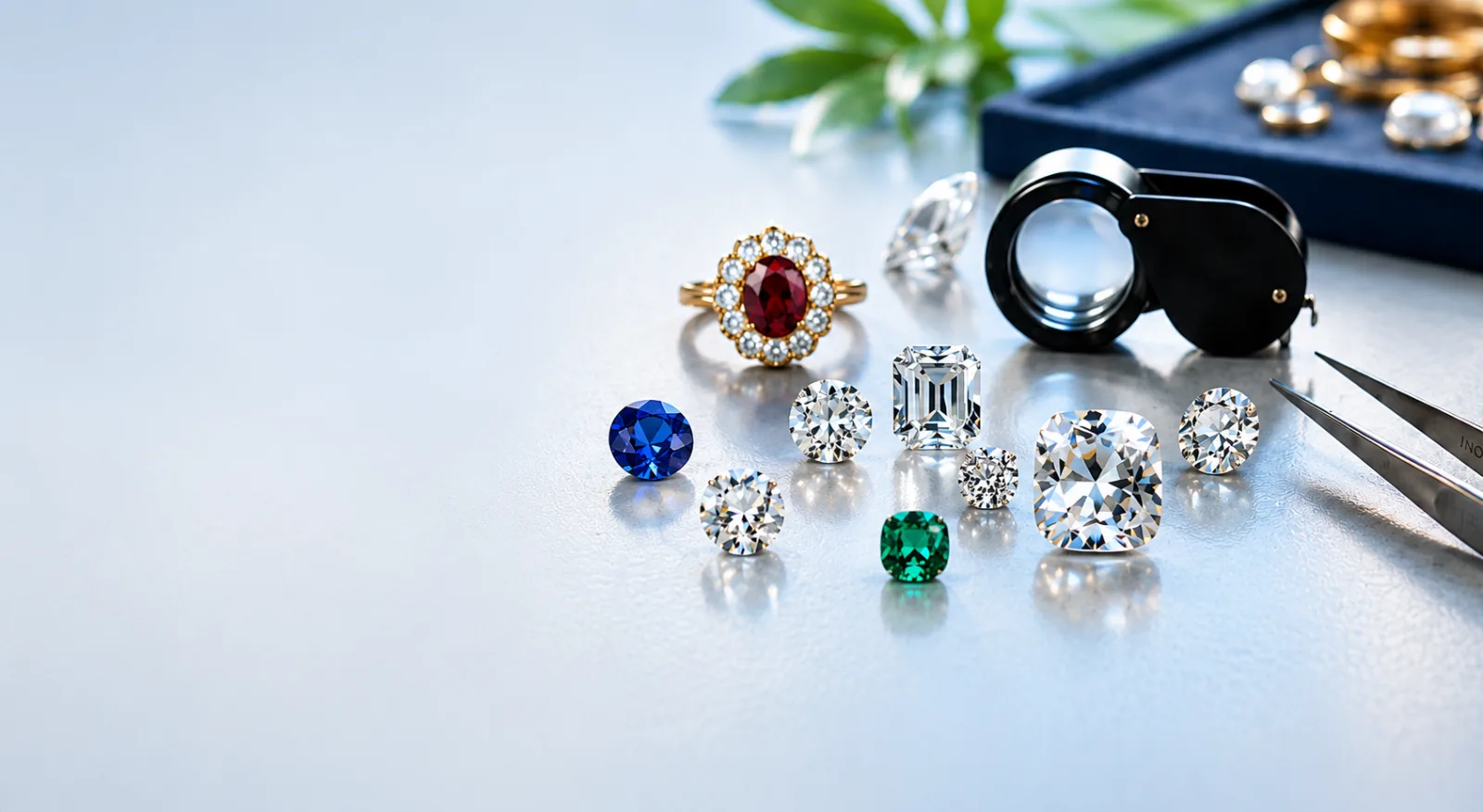 Loose diamonds, sapphire, emerald and a ruby halo ring beside a loupe and tweezers